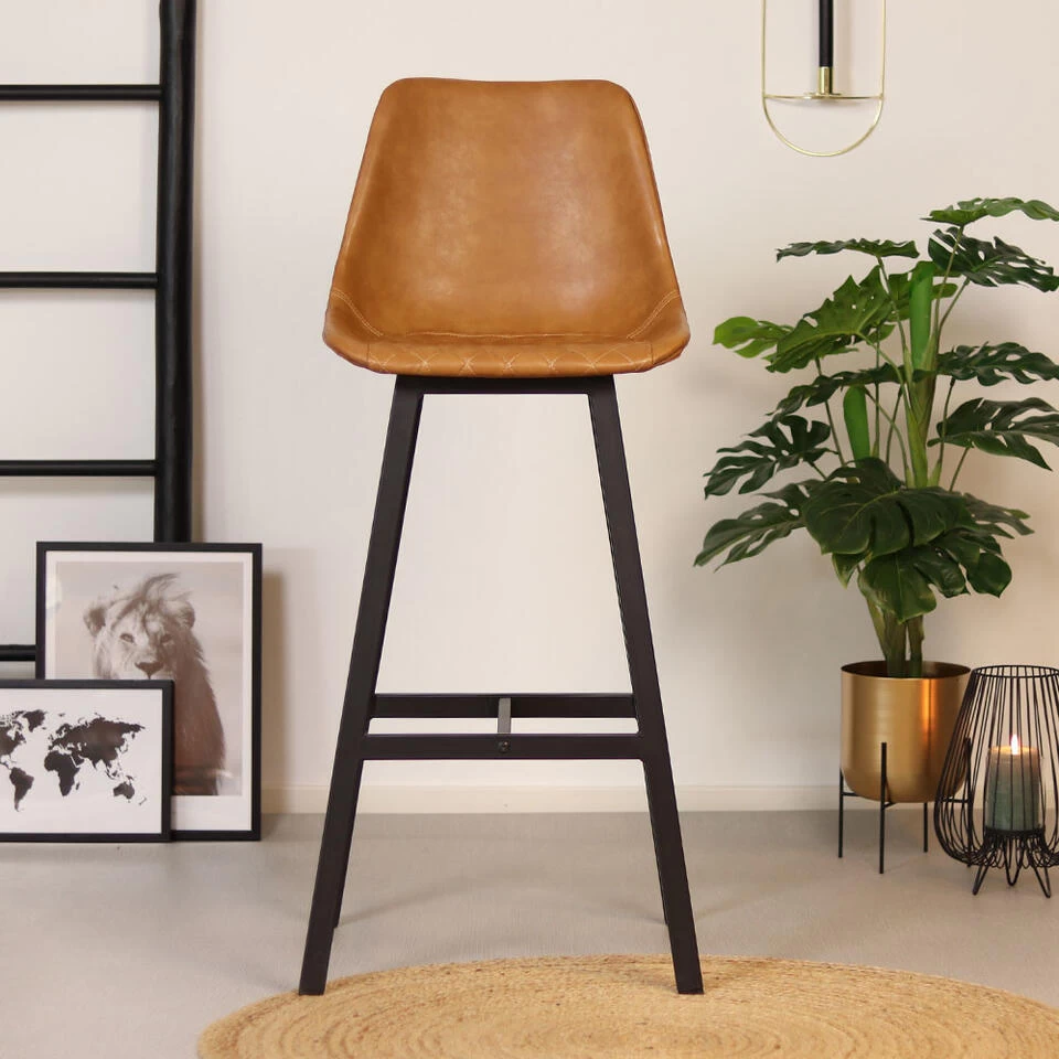 Industriële Barkruk Lauren Cognac PU Leer 76 Cm Zithoogte 76 Cm Kunstleder 2 Industriële Barkruk Lauren Cognac PU Leer 76 Cm Zithoogte 76 Cm Kunstleder - Afbeelding 2