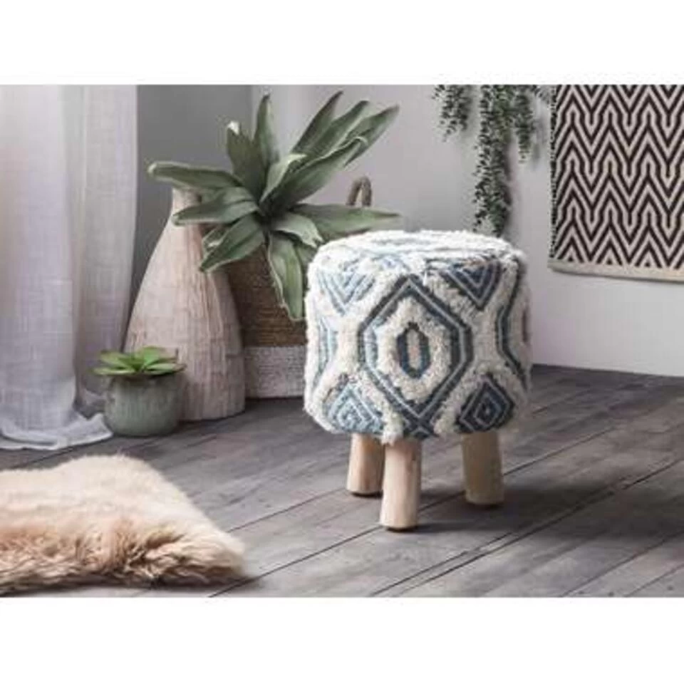 Beliani Hocker AGRA - Wit Wol, Katoen 2 Beliani Hocker AGRA - Wit Wol, Katoen - Afbeelding 2