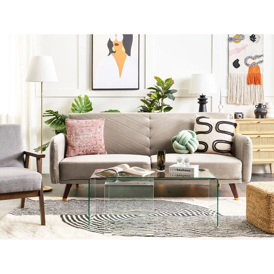 Beliani Driezitsbank - SENJA Beige Fluweel 2 Beliani Driezitsbank - SENJA Beige Fluweel - Afbeelding 2