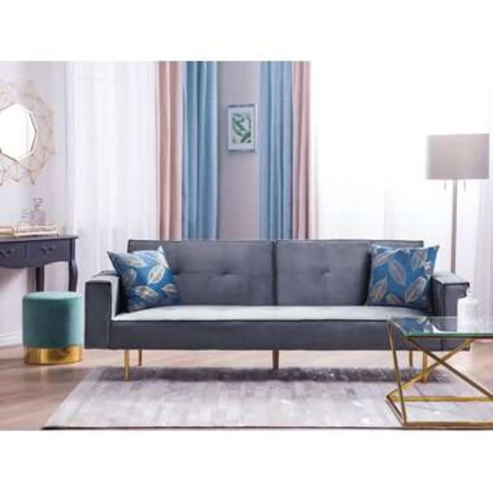 Beliani Driezitsbank - VISNES Grijs Fluweel 2 Beliani Driezitsbank - VISNES Grijs Fluweel - Afbeelding 2